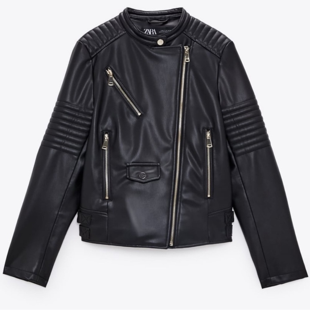SOLD Zara Black Leather Jacket with Quilted Shoulders
